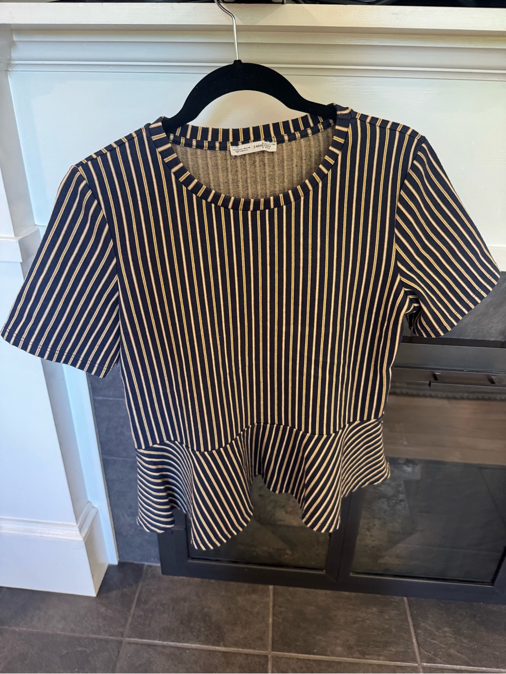 Zara Navy, Gold & Cream Striped Peplum Tunic Top Size S